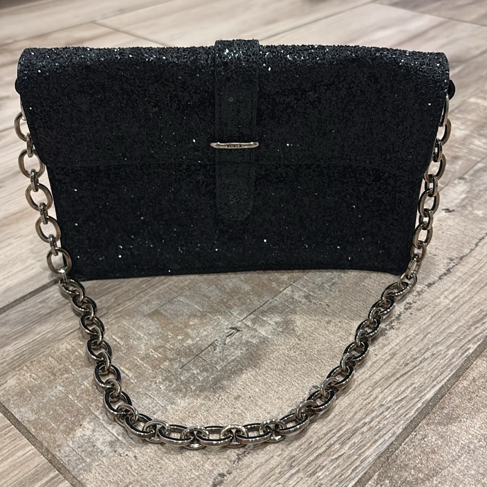 Furla Black Glitter and patent leather Chain Bag